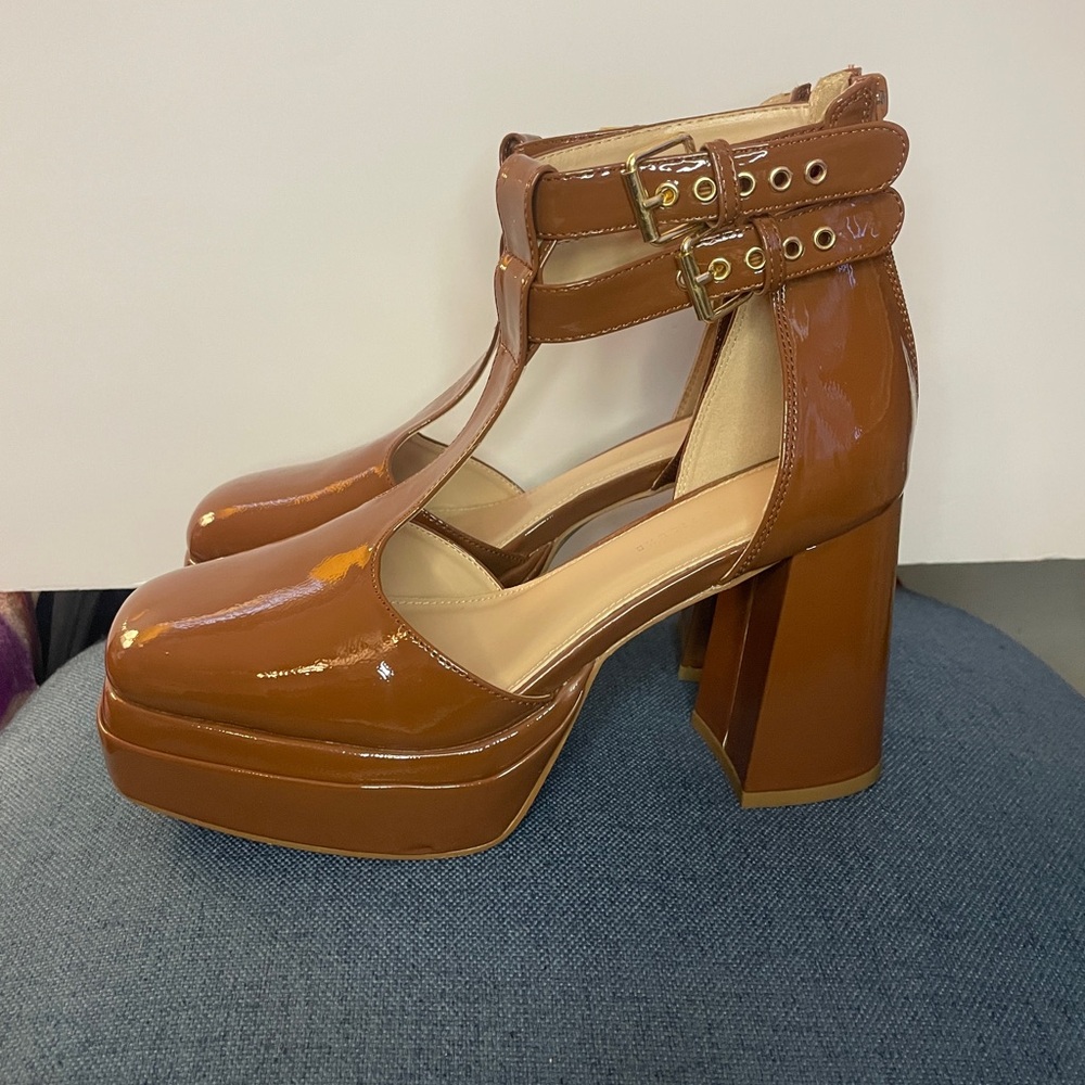 Maria Platform Heels| Cognac Patent | Size 9W| Fashion to Figure - Picture 6 of 11